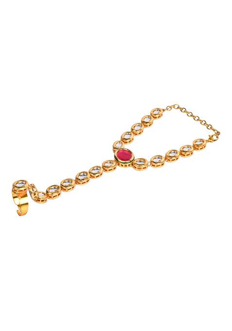 Red Gold Tone Kundan Hathphool Bracelet