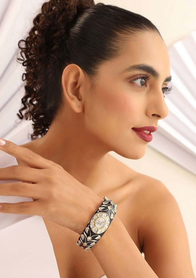 Black Gold Tone Polki Bracelet - Indya
