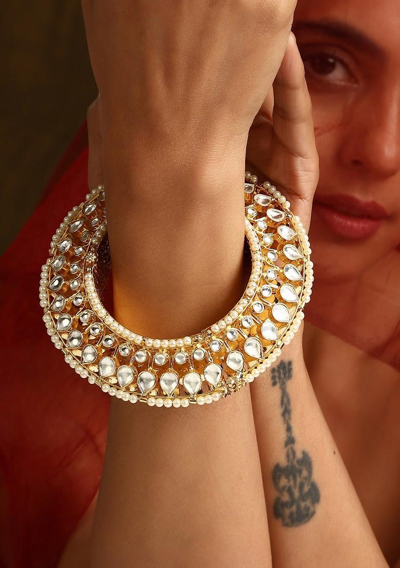 Gold Tone Polki Kada Bracelet - Indya