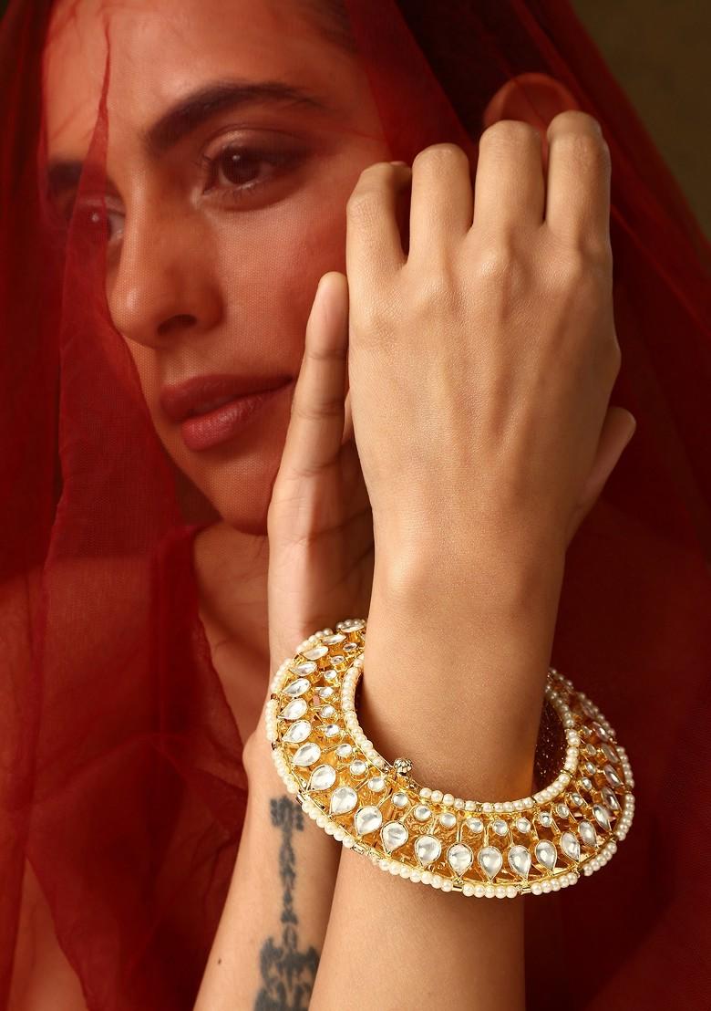 Gold Tone Polki Kada Bracelet - Indya