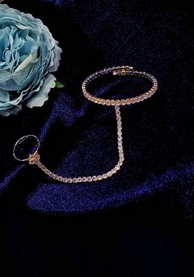 Gold Plated Cz Stone Ring Adjustable Kada Bracelet