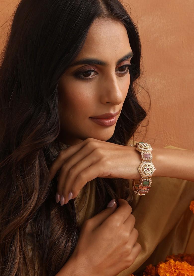 Multicolour Gold Toned Kundan Kada