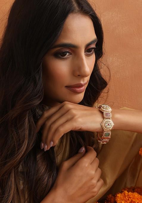 Multicolour Gold Toned Kundan Kada