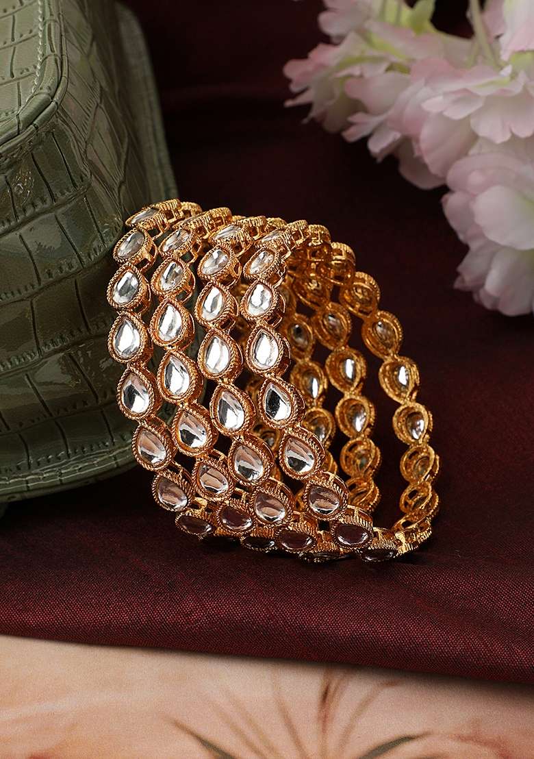 Gold Cubic Zirconia Set Of 4 Bangles - Indya