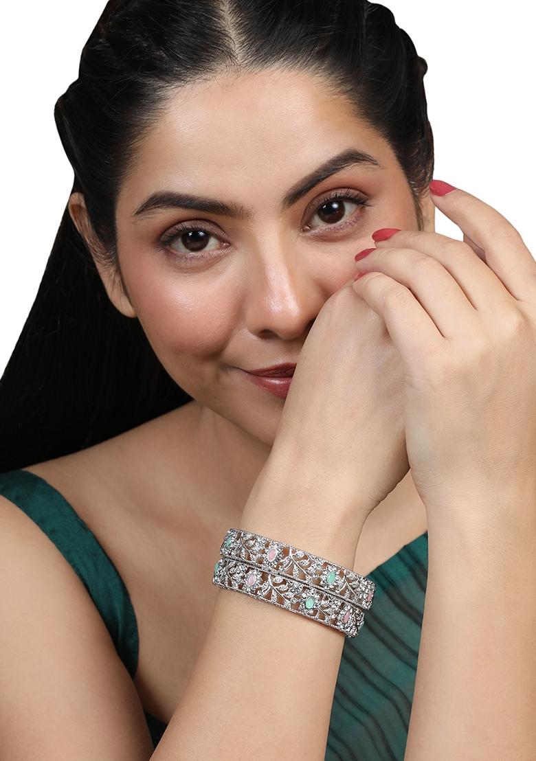 Silver Cubic Zirconia Bangles - Indya