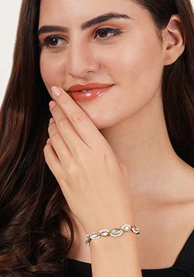 Gold Golden Oval Shape Kundan & White Pearl Adjustable Bracelet