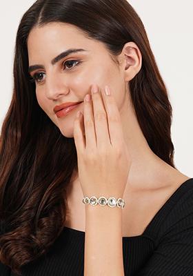 Gold Golden Circular Kundan With White Pearls Adjustable Bracelet