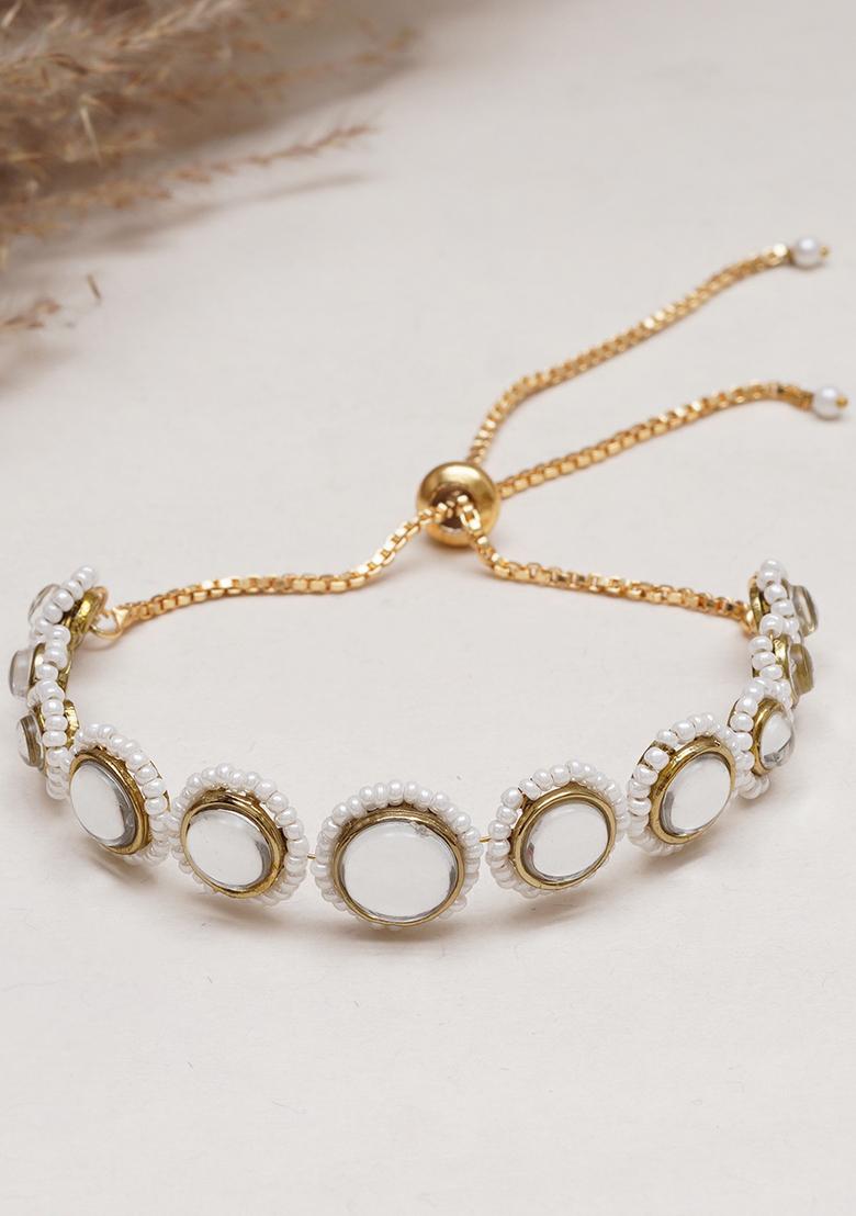 Gold Golden Circular Kundan With White Pearls Adjustable Bracelet