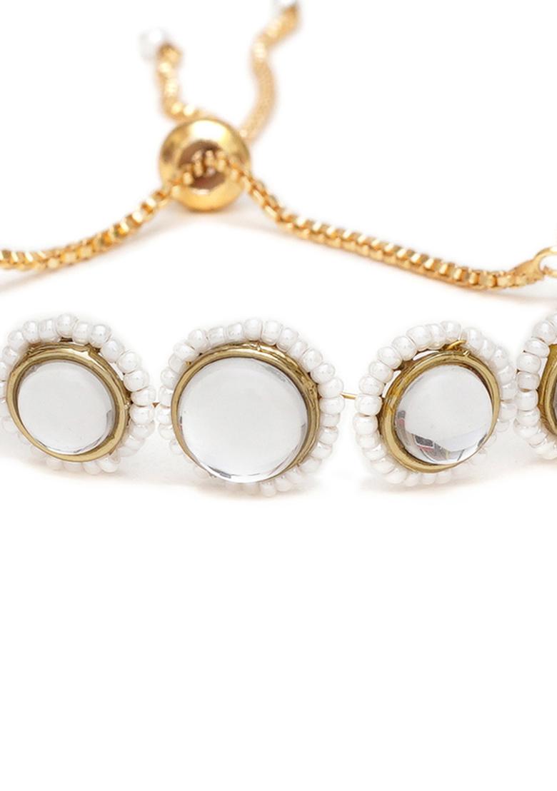 Gold Golden Circular Kundan With White Pearls Adjustable Bracelet