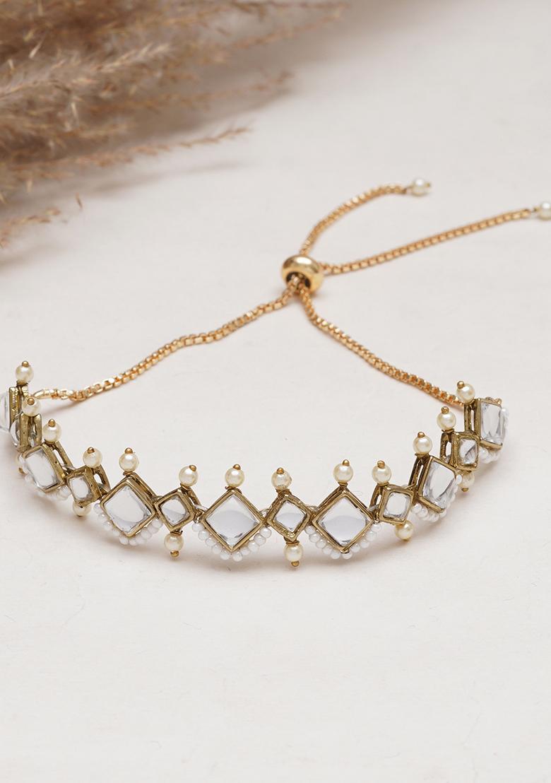 Gold Golden Kite Shaped Kundan With White Pearls Adjustable Bracelet