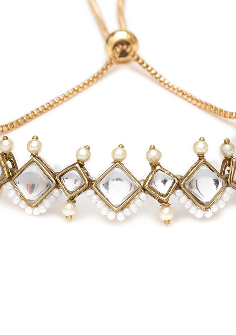 Gold Golden Kite Shaped Kundan With White Pearls Adjustable Bracelet