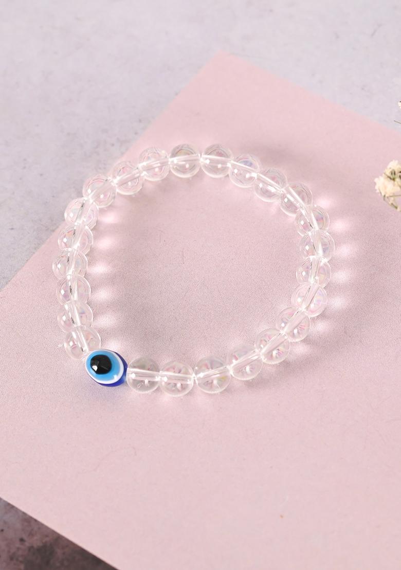 White Unisex Transparent Beaded Elasticated Bracelet