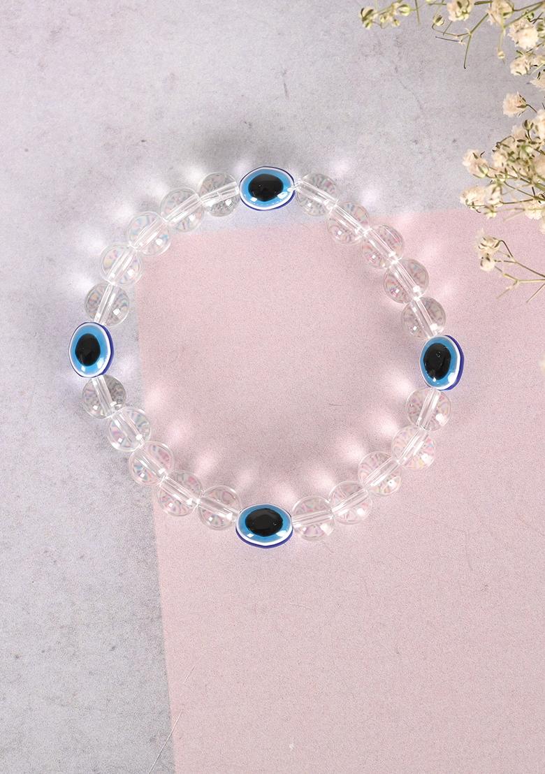 White Unisex Evil Eyetransparent Beaded Elasticated Bracelet