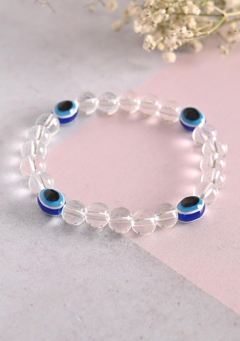 White Unisex Evil Eyetransparent Beaded Elasticated Bracelet