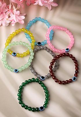 Multi Unisex Set Of 7 Crystals Beaded Evil Eye Elasticated Bracelet