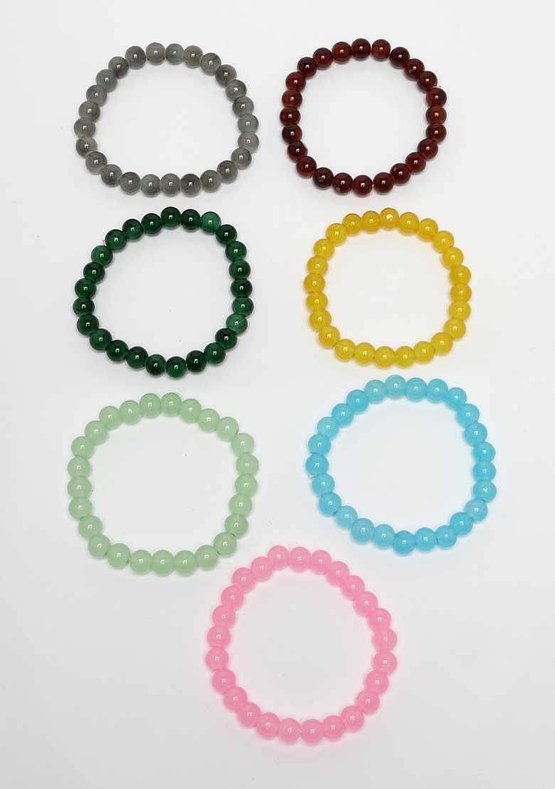 Multi Unisex Set Of 7 Artificial Beads Elasticated Bracelet