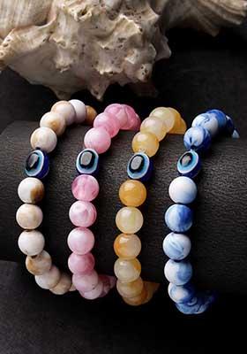 Multi Unisex Set Of 4 Artificial Beads Beaded Evil Eye Elasticated Bracelet