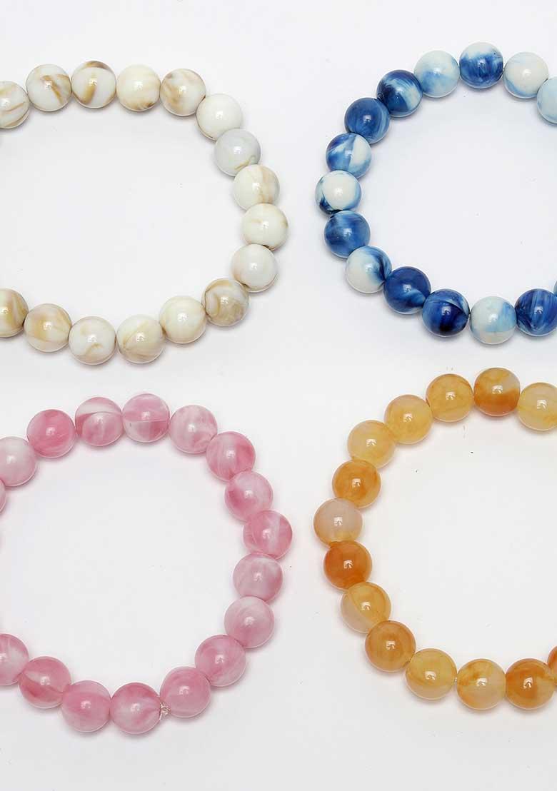 Multi Unisex Set Of 4 Artificial Beads Beaded Evil Eye Elasticated Bracelet