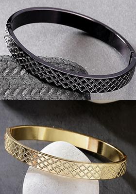 Multi Set Of 2 Gold & Black Rhodium Plated Stainlessteel Kada Bracelet For Men