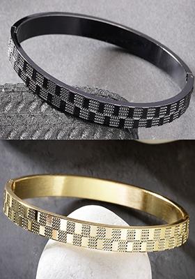 Multi Set Of 2 Gold & Black Rhodium Plated Stainlessteel Kada Bracelet For Men
