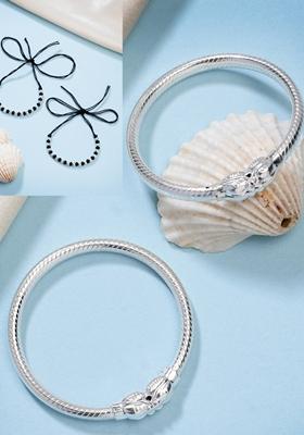 Silver Kids Pair Of 2 Rhodium Plated Artificial Beads Nazariya Kada Bracelet