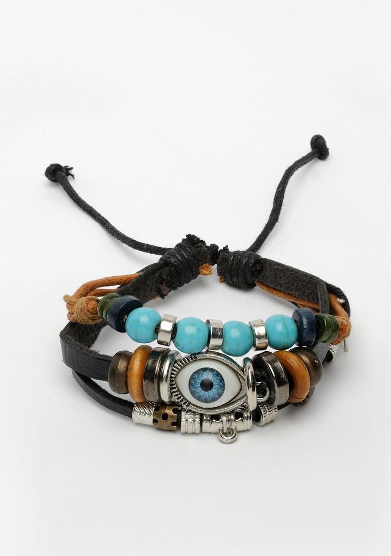 Multi Mens Evil Eye Coloured Leather Wraparound Bracelet