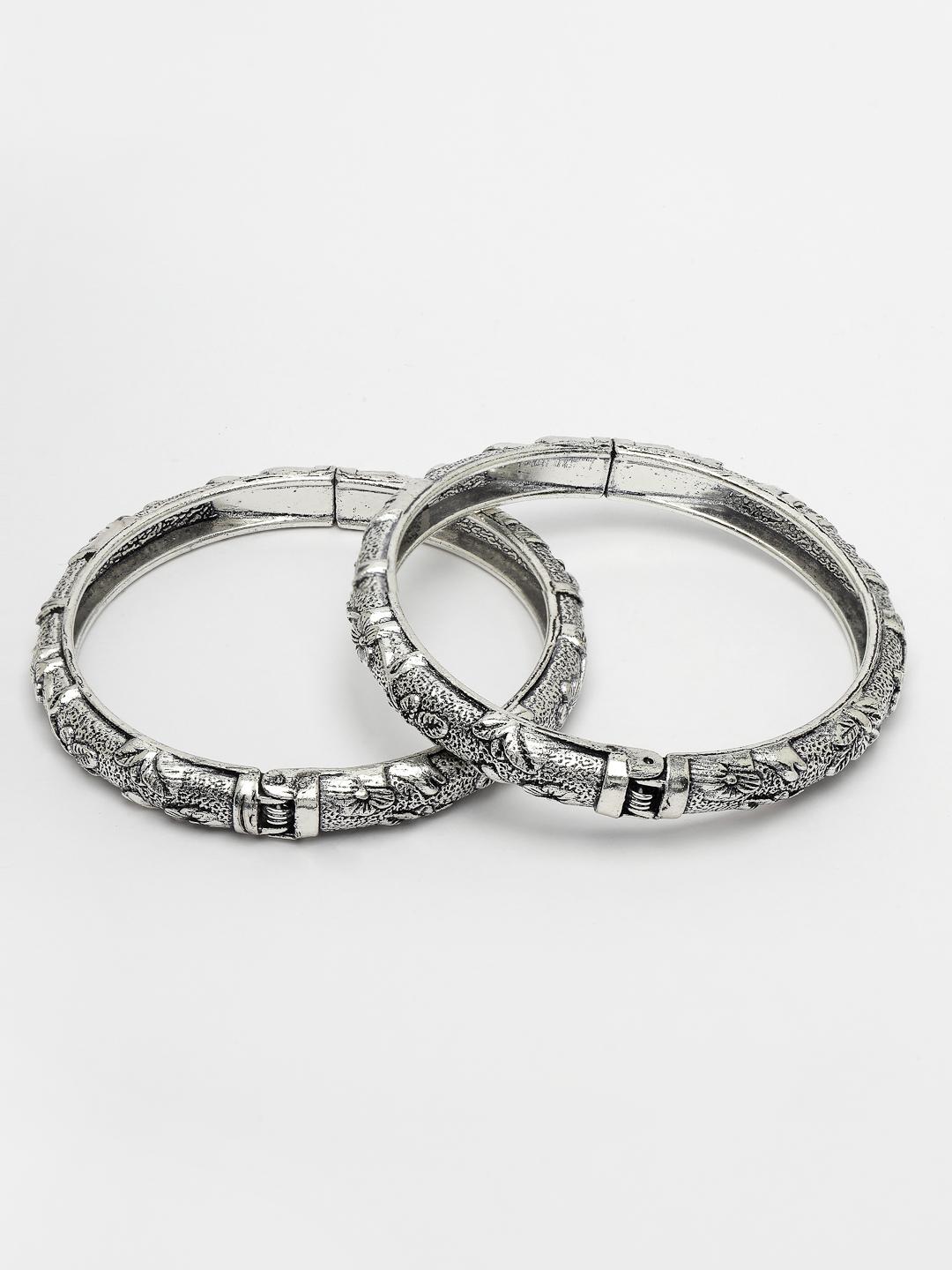 Silver Set Of 2 Toned German Floral Oxidised Kada Bangle