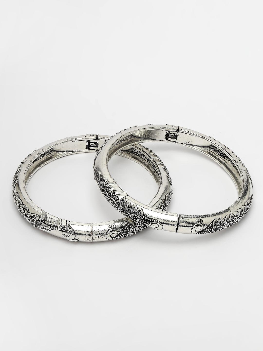 Silver Set Of 2 Toned German Peacock Design Oxidised Kada Bangle