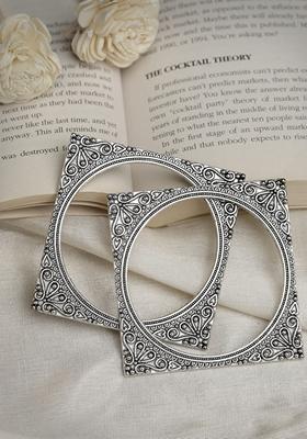 Silver Set Of 2 Toned Oxidized Square Shaped Bangles