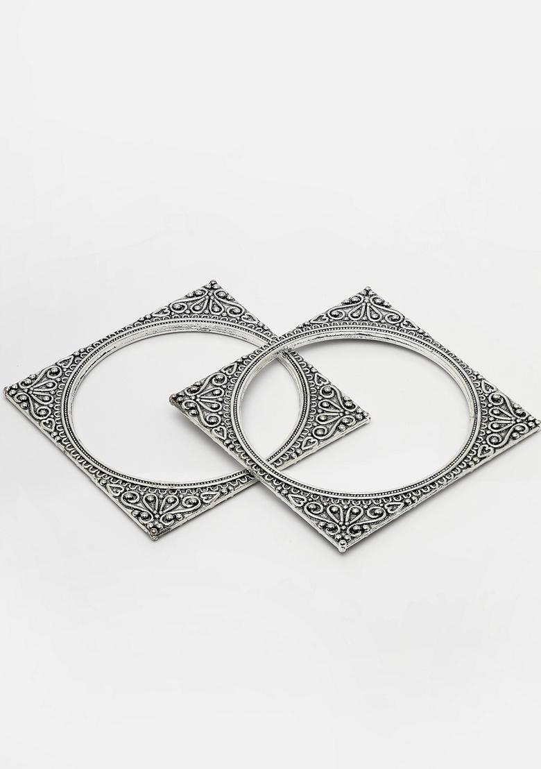 Silver Set Of 2 Toned Oxidized Square Shaped Bangles
