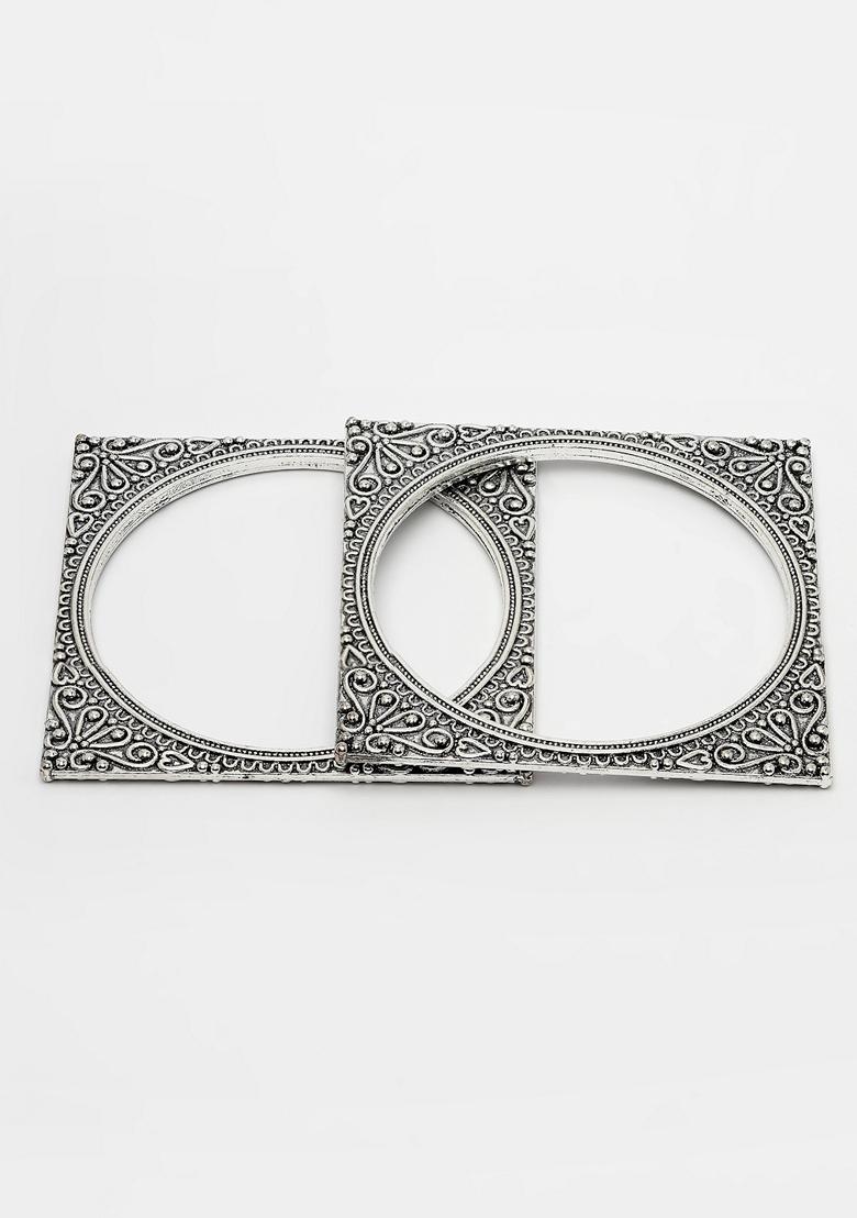 Silver Set Of 2 Toned Oxidized Square Shaped Bangles