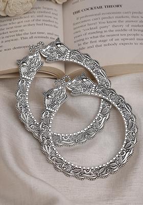Silver Set Of 2 Toned German Silve Oxidised Elephant Design Handcrafted Bangles