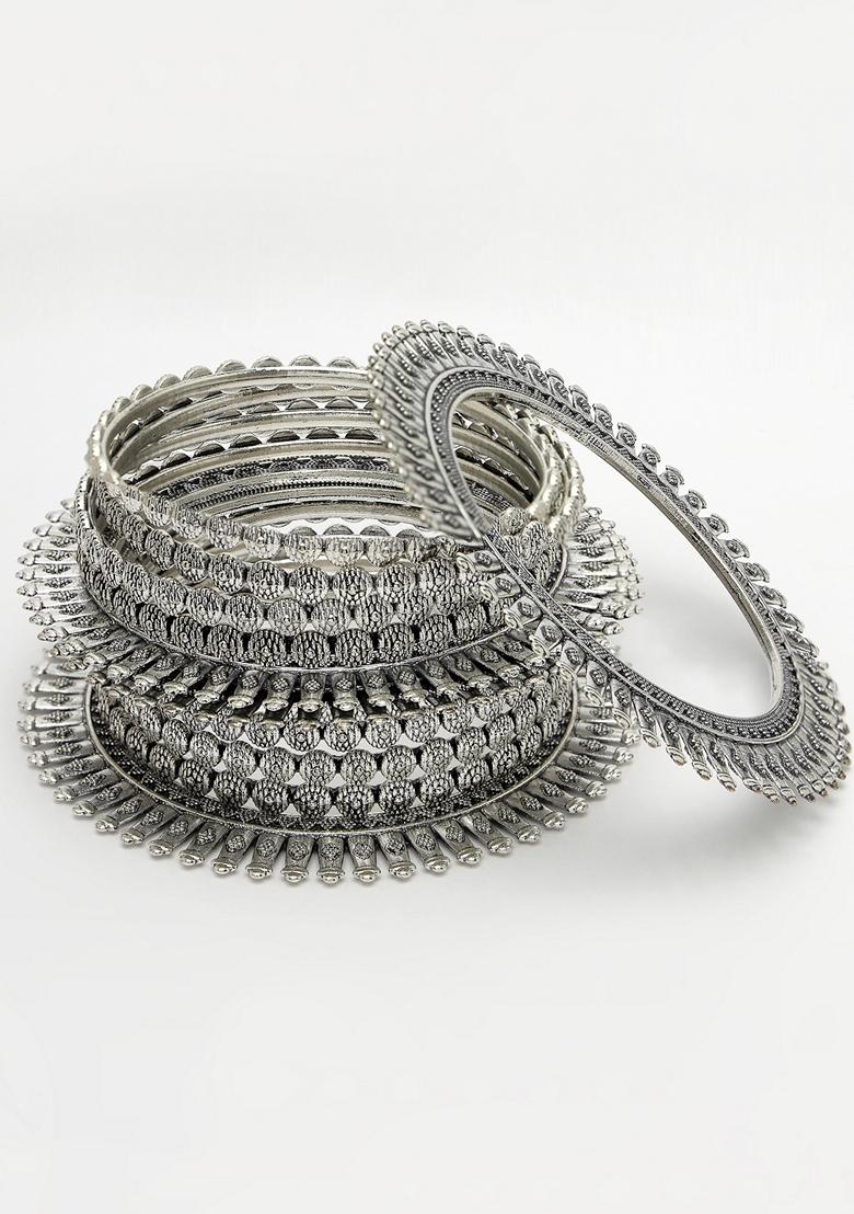 Silver Set Of 6 Toned German Oxidised Bangles
