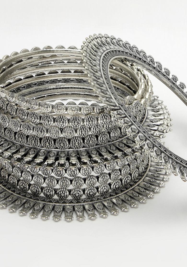 Silver Set Of 6 Toned German Oxidised Bangles
