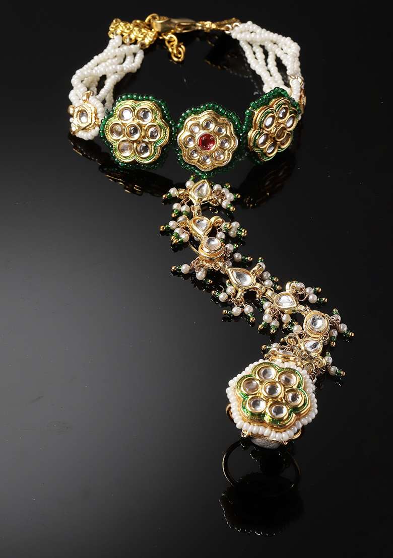 Green Gold Plated Kundan Pearl Hathphool Bracelet - Indya
