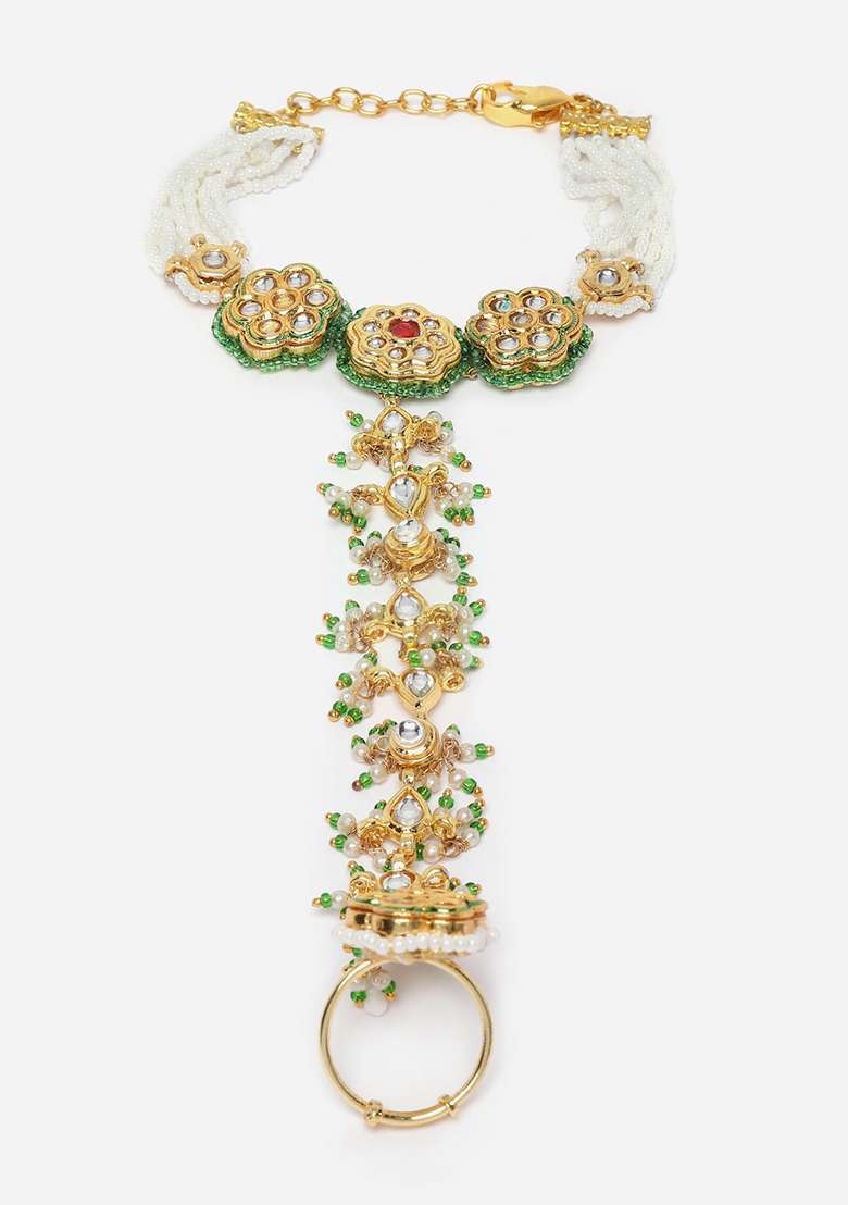 Green Gold Plated Kundan Pearl Hathphool Bracelet - Indya