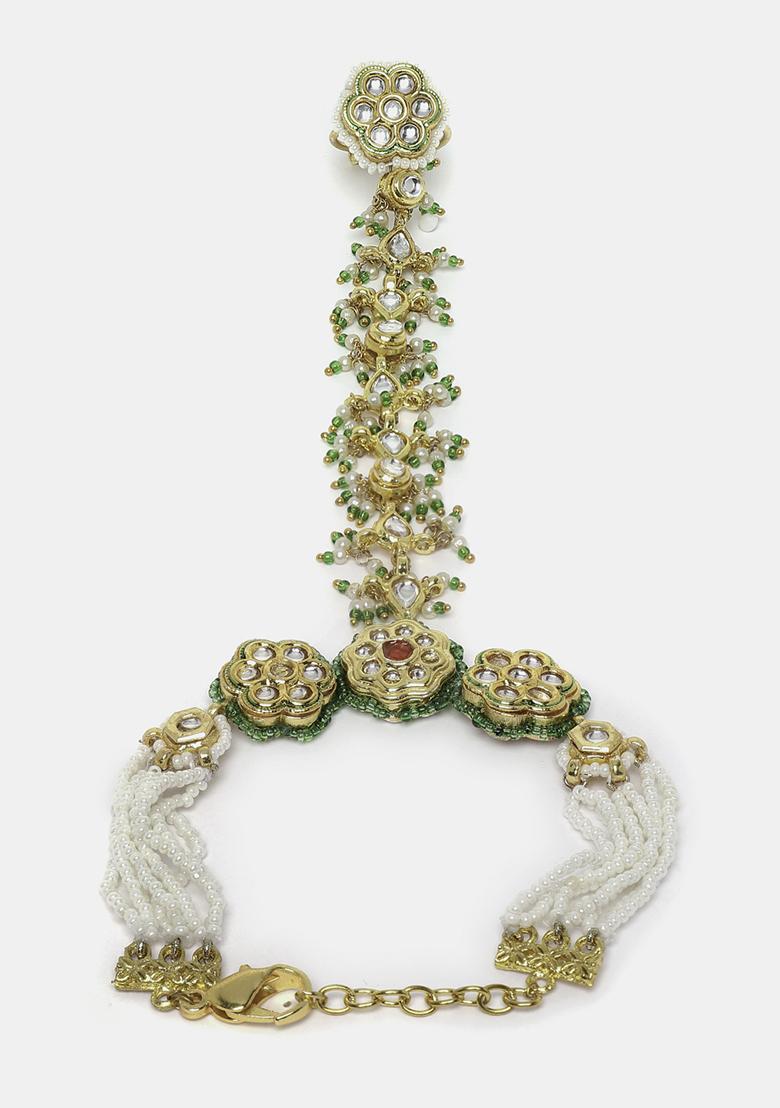 Green Gold Plated Kundan Pearl Hathphool Bracelet - Indya