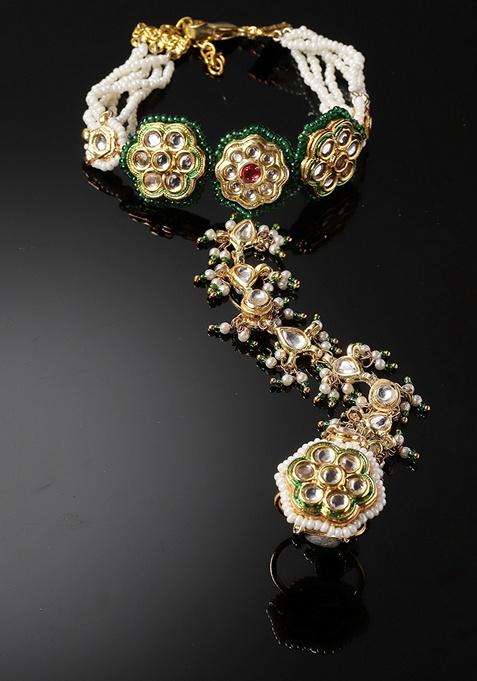 Green Gold Plated Kundan Pearl Hathphool Bracelet