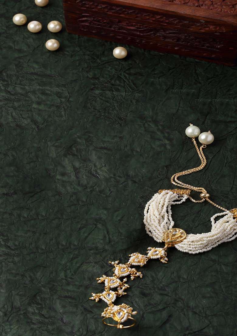 Cream Gold Plated Kundan Pearl Hathphool - Indya