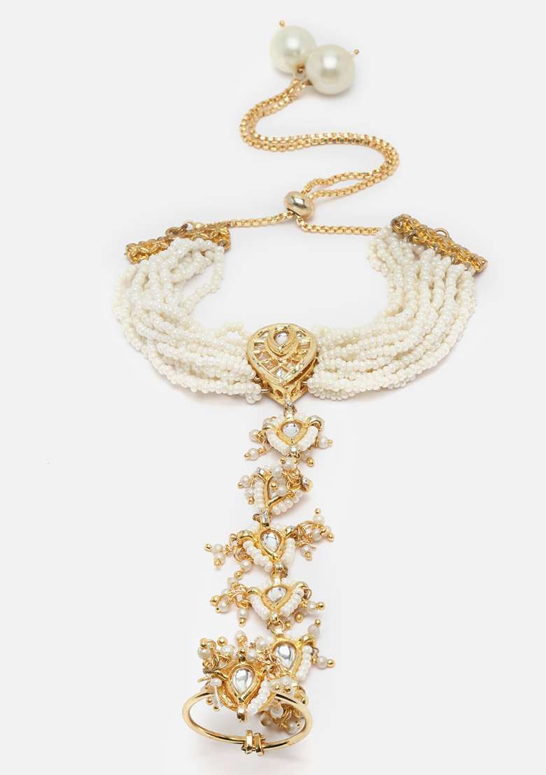 Cream Gold Plated Kundan Pearl Hathphool - Indya