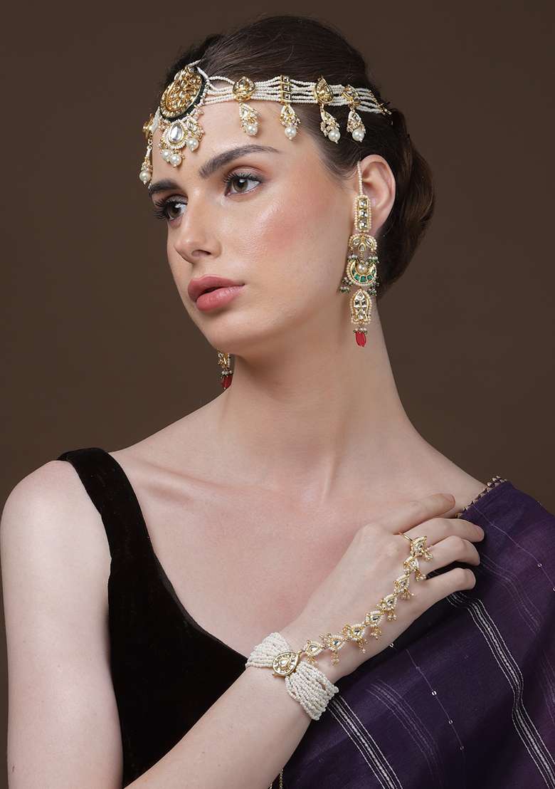 Cream Gold Plated Kundan Pearl Hathphool - Indya