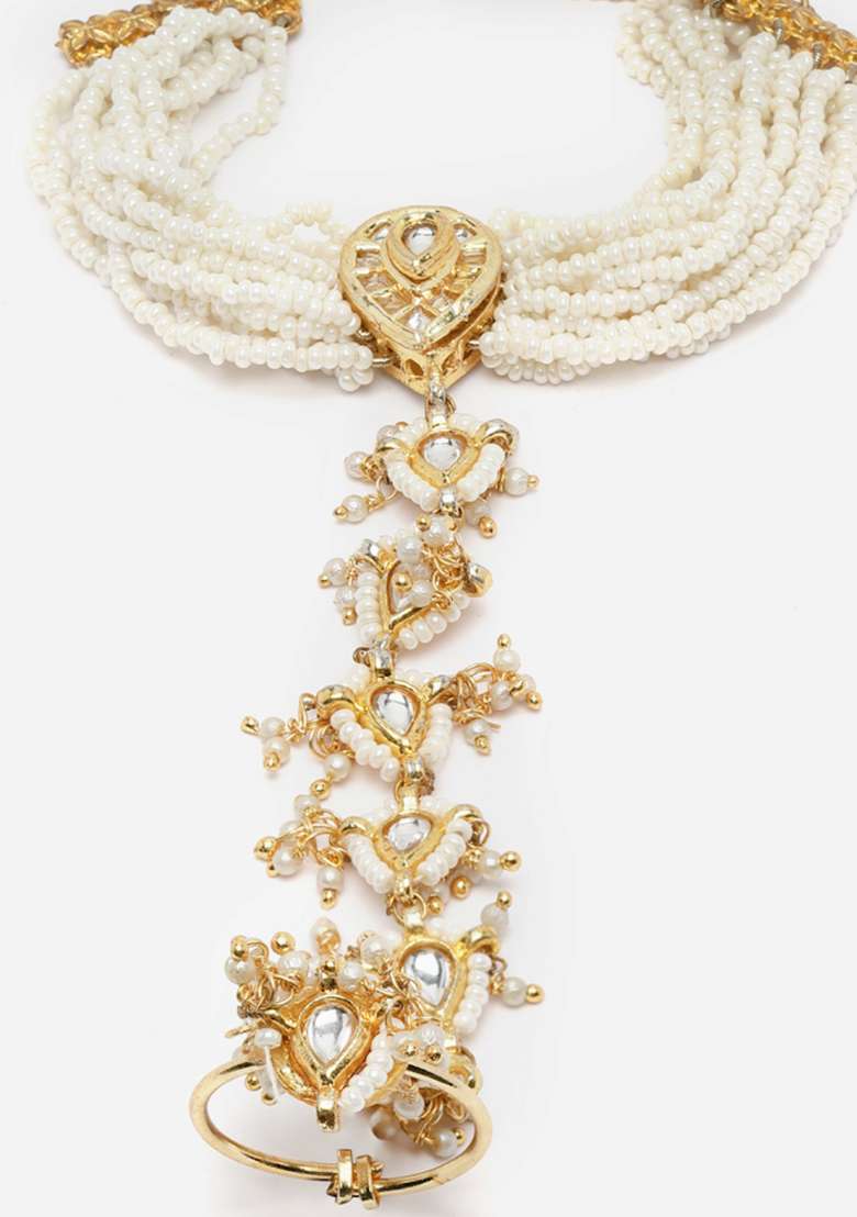 Cream Gold Plated Kundan Pearl Hathphool - Indya