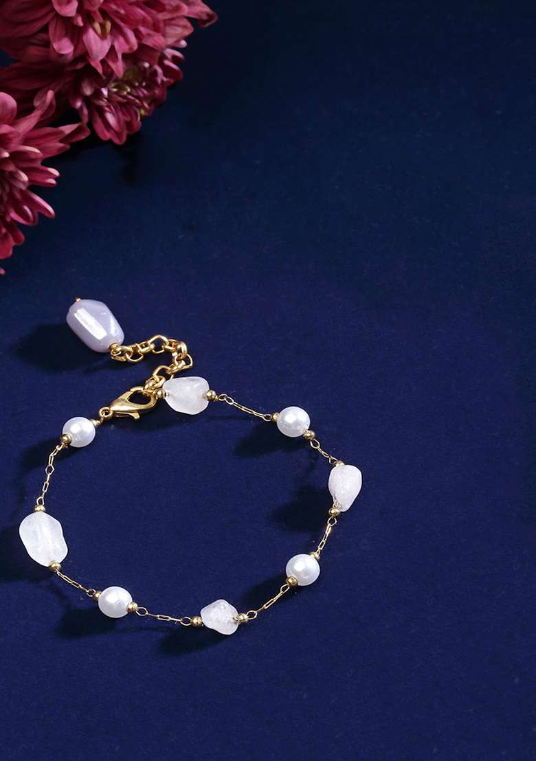 Pink And Grey Gold Plated Pearl Natural Stone Bracelet - Indya
