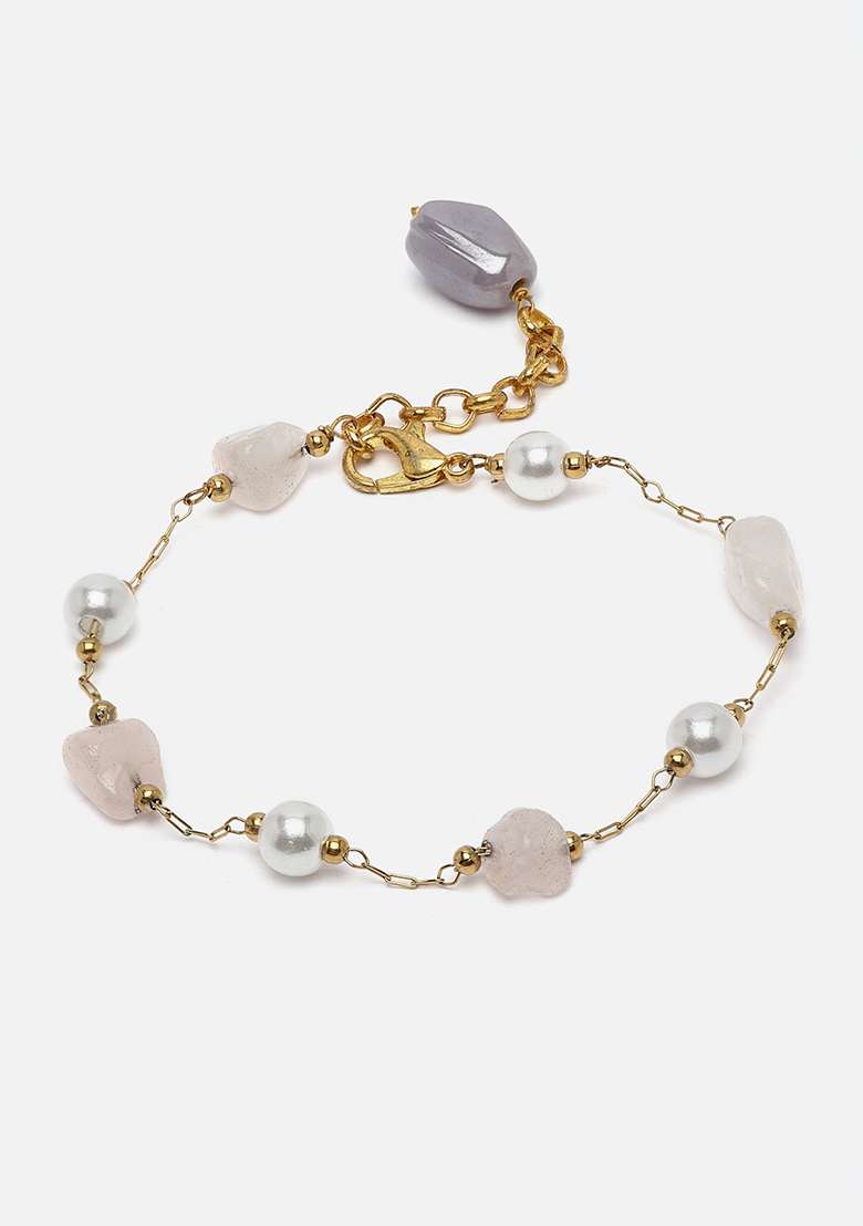 Pink And Grey Gold Plated Pearl Natural Stone Bracelet - Indya
