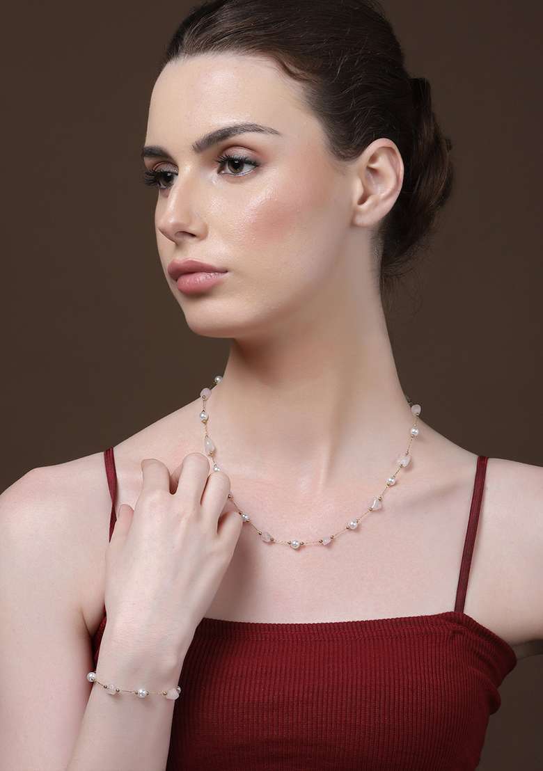 Pink And Grey Gold Plated Pearl Natural Stone Bracelet - Indya