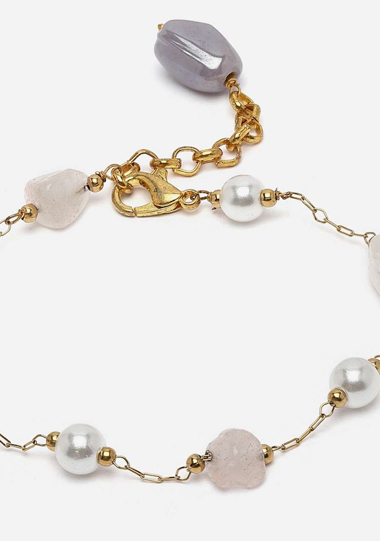 Pink And Grey Gold Plated Pearl Natural Stone Bracelet - Indya