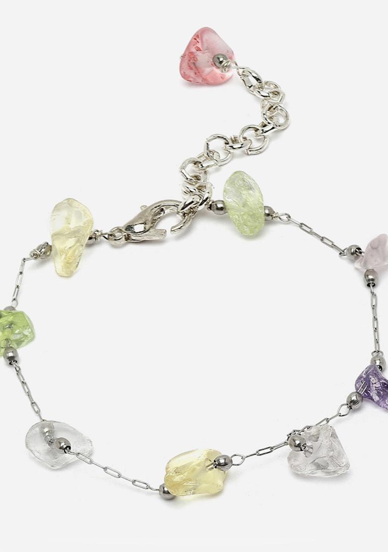 Green And Yellow Silver Plated Pearl Natural Stone Bracelet - Indya