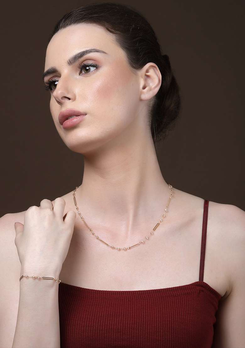 White Gold Plated Pearl Natural Stone Bracelet - Indya