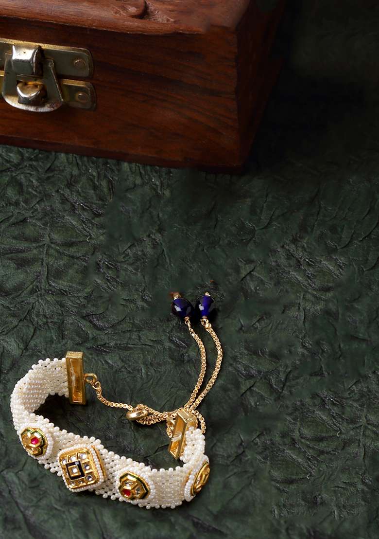 Blue And Red Gold Plated Kundan Pearl Bracelet - Indya