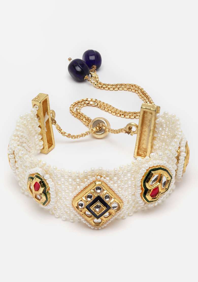 Blue And Red Gold Plated Kundan Pearl Bracelet - Indya